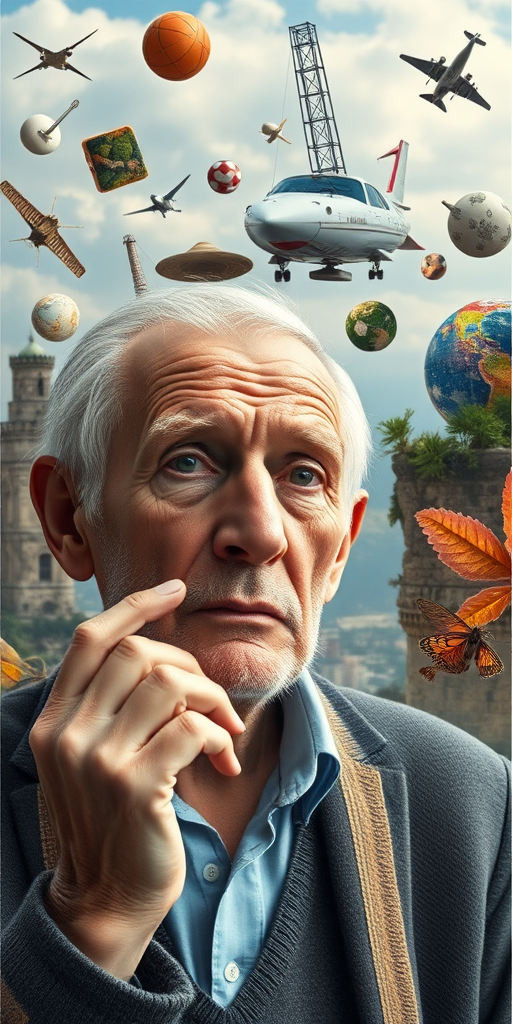 Create a surreal portrait of an elderly man with a thoughtful expression, surrounded by whimsical floating objects and landscapes, captured with a Canon EOS R5, 50mm lens, f/1.8, ISO 100, 1/125 sec, in soft natural light for enhanced detail and depth.
