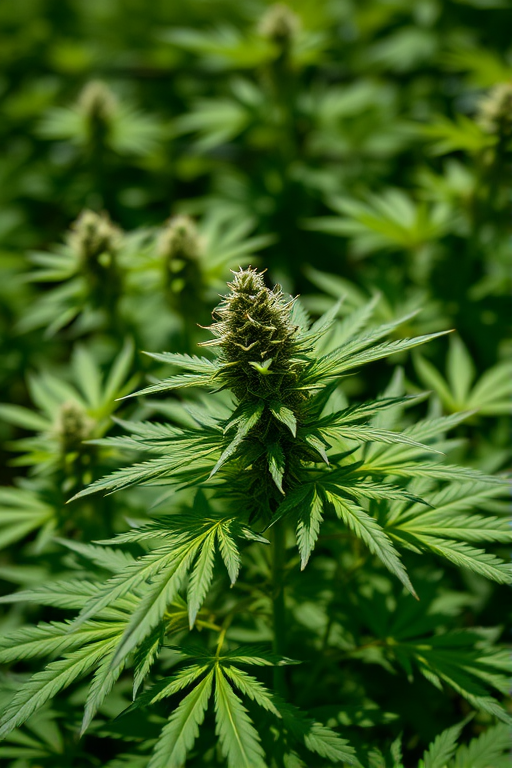 Capture a close-up view of cannabis plants in a lush green setting, using a Canon EOS 5D Mark IV, 85mm f/1.8 lens, aperture set to f/2.8, shutter speed at 1/250s, ISO 400, natural lighting for enhanced detail and color vibrancy.