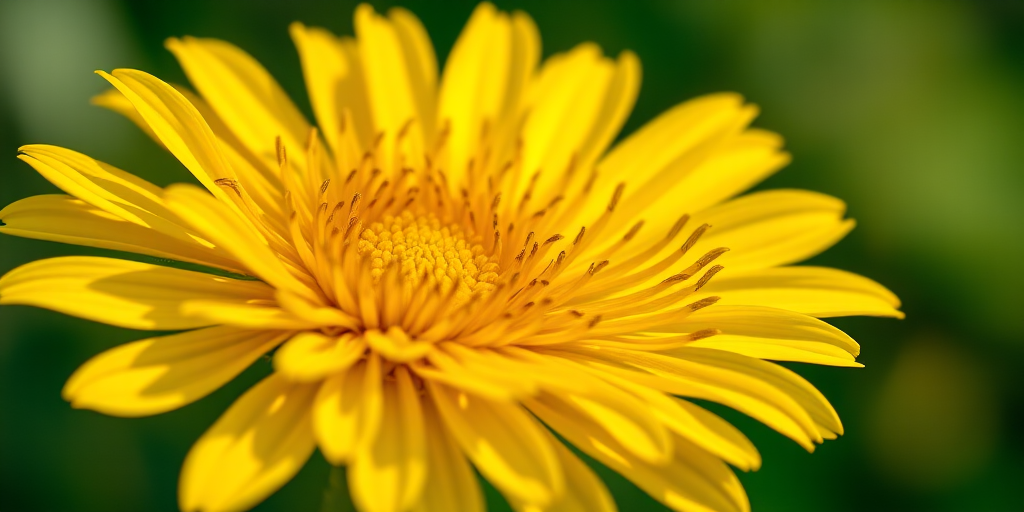 a close-up shot of a bright yellow flower with intricate petals and a green background, taken with a Canon EOS R5, 85mm f/1.4 lens, aperture set to f/2.8, ISO 100, natural lighting, macro photography style