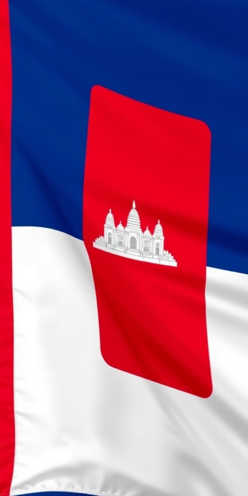 Create a high-resolution image of the Cambodian flag featuring its distinct red and blue sections with a detailed depiction of Angkor Wat in white at the center, using a Nikon D850 camera, aperture f/8, ISO 100, and a focal length of 50mm for optimal clarity and vibrant colors.