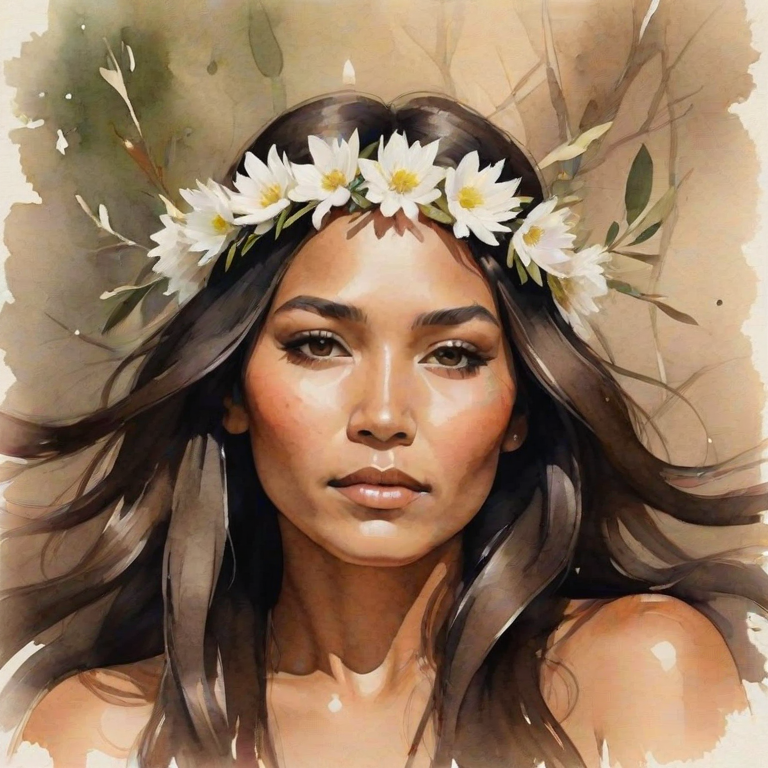 create a watercolor painting of an ethereal portrait of beautiful Native American woman with a simple white flower crown on her head. Her hair is long and she is lying on the ground. The sunlight on the trees casts shadows from the leaves on her face and body. The background is a neutral brown color that matches her skin tone. The image is minimalist and solid colors. This style is characterized by soft, delicate brushstrokes and a light, airy, contrasting color palette. High level of detail and play of light