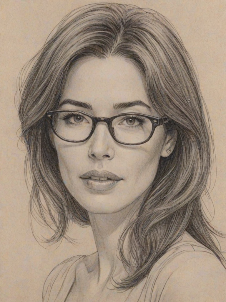 Sublime Jaime Murray, pencil sketch, portrait of Attractive woman 1961s in glasses, hair style beatnik, outline, clear lines, fine lines, 8k