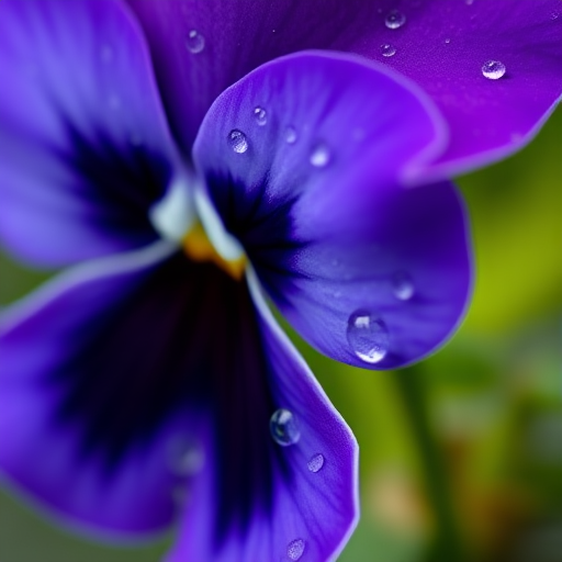 close-up of a purple pansy flower with water droplets on petals, shallow depth of field, macro lens, f/2.8 aperture, 50mm lens, natural light, DSLR camera