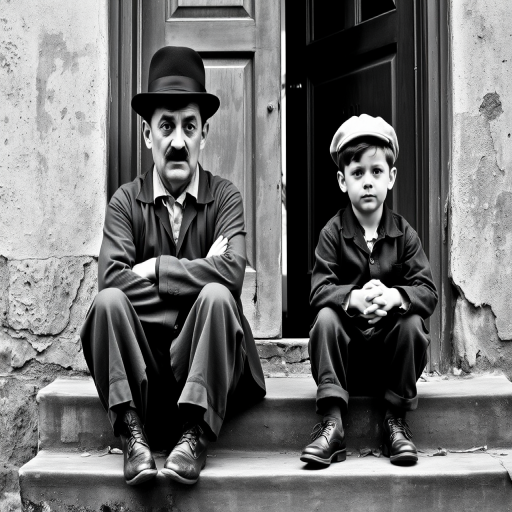 A black-and-white photograph of a man and a child sitting on steps in front of a doorway. The man is dressed as a tramp with a bowler hat, mustache, and ragged clothes, reminiscent of Charlie Chaplin's iconic look. He is sitting with his arms crossed and an expression of slight sadness or frustration. Next to him is a young boy, also in worn clothes and a cap, sitting with his hands clasped, looking thoughtful. The background is an old, textured wall and a partially open door, creating a vintage, early 20th-century atmosphere.