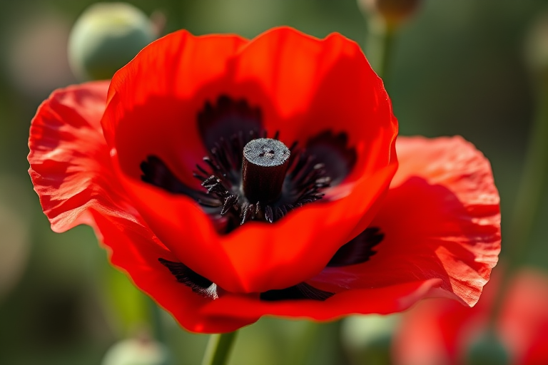 Create a high-resolution image of a vibrant red poppy flower with a black center, using a macro lens focus for intricate details, soft natural lighting, shallow depth of field, captured with a DSLR camera at f/2.8, ISO 100, and a focal length of 50mm.