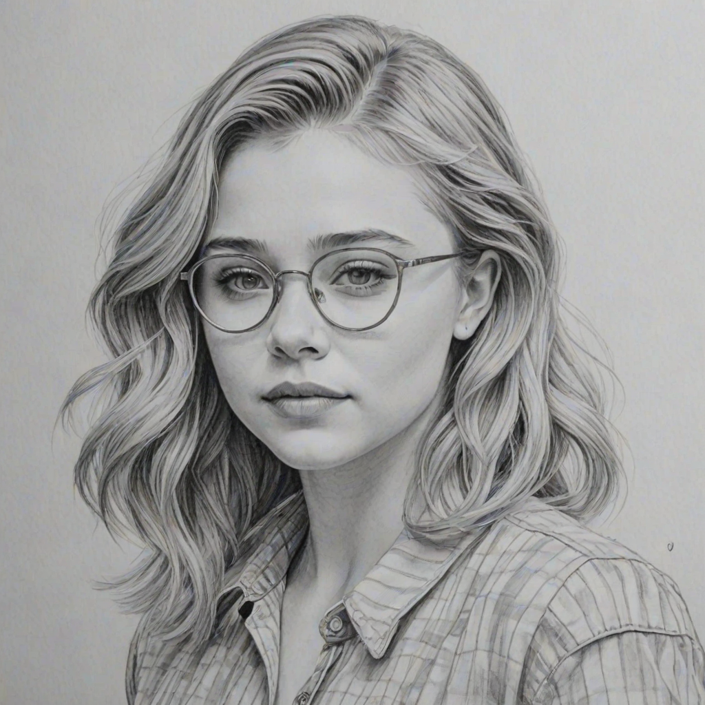 Gorgeous Chloe Grace Moretz, pencil sketch, portrait of Lovely woman 1943s in glasses, hair style beatnik, outline, clear lines, fine lines, 8k