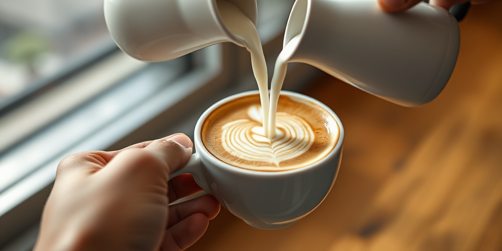 A close-up shot of a hand holding a coffee cup with latte art being poured from a milk jug, shallow depth of field, natural lighting, 50mm lens, f/1.8 aperture, ISO 200, captured with a Canon EOS R.