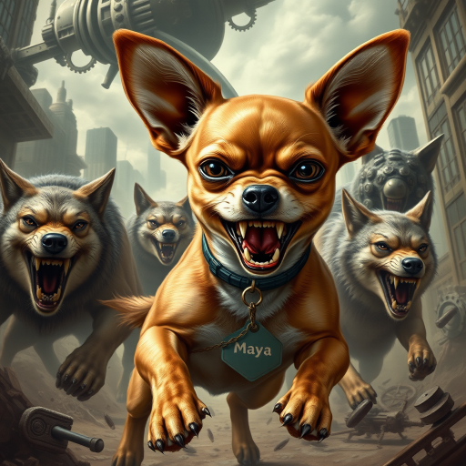 "Create a highly detailed and realistic image of a short-haired Chihuahua named Maya in an extremely fierce and enraged warrior pose. She is battling a pack of wolves and an alien creature, fighting for her life and the life of her owner. The Chihuahua should have a wild and aggressive appearance, with bared teeth and fierce eyes, showcasing her determination despite the overwhelming odds. She should have a distinct white patch on her chest, while the rest of her fur should be brown. A large tag with the name 'Maya' should be prominently displayed around her neck. The background should feature a sci-fi and steampunk style, filled with futuristic mechanical elements and Victorian technology, blending an urban landscape with fantastical details such as gears and steam."
