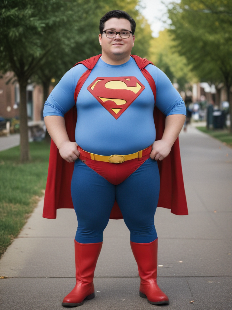 Ai Image Generator - Ai Art Generator - High Quality and 100% Unique Images  - iPic.Ai Realistic chubby college nerd guy, full body, realistic superman  costume, red boots, hands on waist