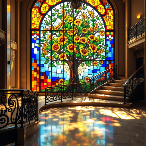 A stained glass window featuring a large, vibrant tree with blooming sunflowers as its focal point. The sunlight passes through the glass, casting multicolored shadows across the floor and a grand, curved staircase with ornate iron railings. The overall ambiance is warm, with golden sunlight enhancing the vivid colors of the stained glass, creating a serene and artistic atmosphere in a spacious room with polished marble floors. The scene is elegant and peaceful, with a blend of nature and architectural beauty.