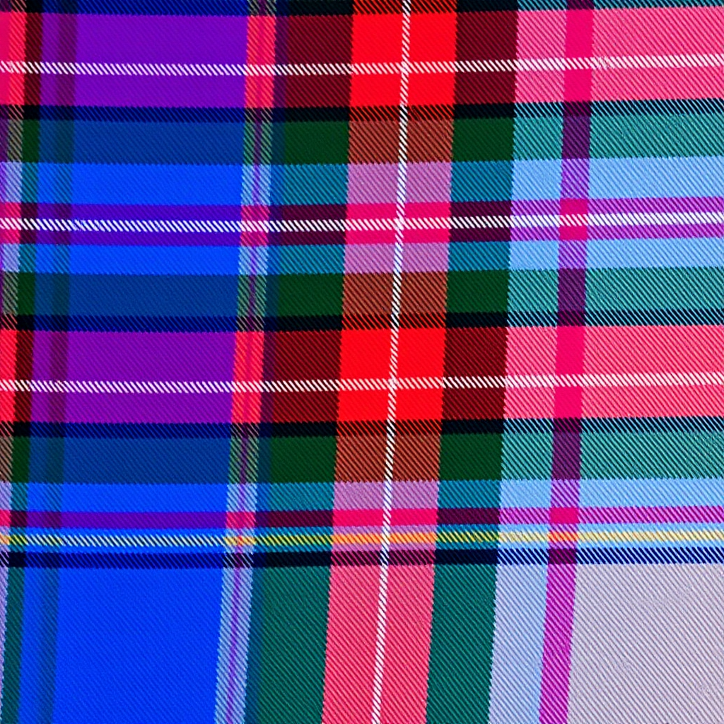 Generate a high-resolution image of a colorful plaid pattern with vibrant blue, purple, brown, and light beige colors, using a DSLR camera, 50mm lens, f/1.8 aperture, ISO 100, and a shallow depth of field for enhanced clarity.