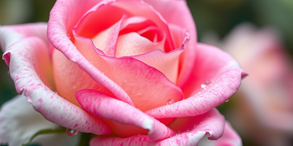 Capture a close-up of a pink and white rose with dew drops, using a Canon EOS 5D Mark IV, 100mm f/2.8 macro lens, aperture f/2.8, ISO 100, shutter speed 1/200 sec, natural light, shallow depth of field to enhance details and color saturation.