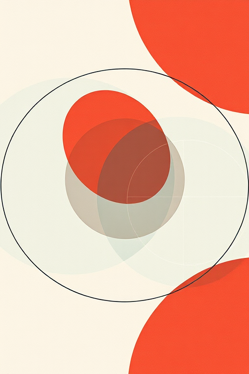 Generate a high-resolution image of a minimalist geometric design featuring overlapping circles and lines, captured with a Canon EOS R5 camera using a 50mm lens at f/1.8, ISO 100, natural lighting, from a top-down view, emphasizing sharp contrast and vibrant colors.