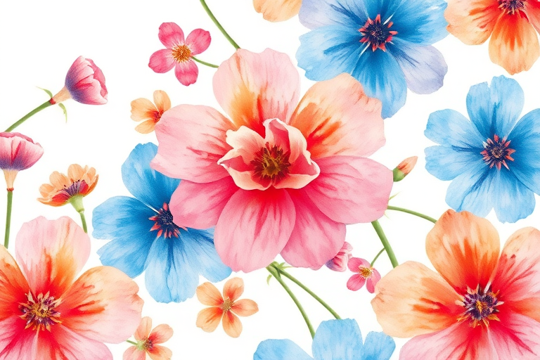 Regenerate a vibrant floral pattern featuring soft watercolor flowers in shades of pink, blue, and orange with a bright white background, captured with a Canon EOS 5D Mark IV, 50mm f/1.8 lens, f/2.8 aperture, ISO 100, and a soft focus style for enhanced texture and depth.