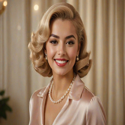 A beautiful Hispanic woman reminiscent of 1950s Hollywood glamour, with perfectly styled blonde hair and a seductive smile, dressed in a satin blouse and adorned with pearls, soft and warm tones, photorealistic, 8K
