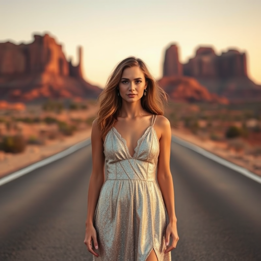 Create a portrait of a woman in a shimmering silver dress standing on a desert road with red rock formations in the background during golden hour, using a Canon EOS R5 with a 50mm lens, aperture at f/1.8, ISO 100, and shot in natural light for enhanced detail and vibrant colors.
