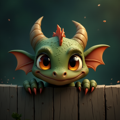 A small, scruffy cartoon-like dragon peers over a wooden fence with wide, expressive amber eyes, giving it an endearing look. The dark, muted background with streaks of faded color adds to the atmosphere of vulnerability and longing. The dragon's oversized eyes, full of emotion, draw the viewer in, evoking a sense of empathy and tenderness. Flecks of light and small bits of debris gently float through the scene, creating a soft, melancholic mood as the dragon waits patiently for comfort.