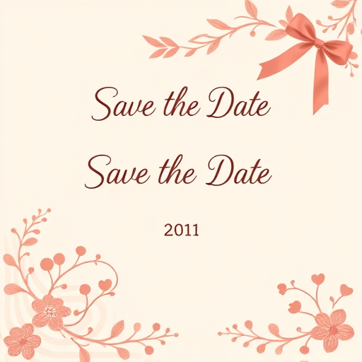 Create a romantic engagement save-the-date card with an elegant cream background featuring soft stripes, floral patterns, and a ribbon accent, include placeholder text for names and date, shot on a DSLR camera with a 50mm lens, aperture f/2.8, ISO 200, natural light, and shallow depth of field for a soft focus effect.