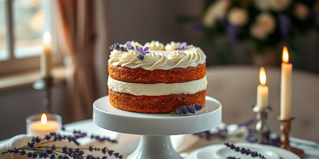 Capture a beautifully decorated cake on a white pedestal in a cozy setting with soft lighting, using a DSLR camera at f/2.8, ISO 100, shutter speed 1/60 sec, shot from a slightly elevated angle to emphasize the cake structure and surrounding elements like lavender and candles.
