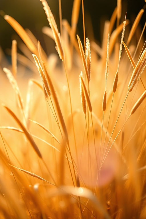 Close-up shot of golden grass with soft sunlight filtering through, f/2.8 aperture, 50mm lens, ISO 100, shallow depth of field, natural lighting, DSLR camera, warm color tone.
