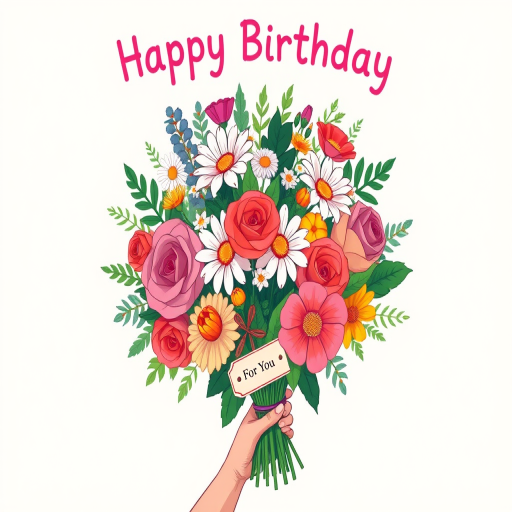 Create a colorful illustration of a birthday bouquet featuring a variety of flowers such as roses, daisies, and greenery. Include a hand holding the bouquet, and add a tag that says For You. The background should be a soft cream color with the words Happy Birthday in a playful font above the bouquet.
