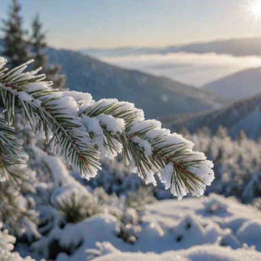 Softly focused close-up of a snow-covered pine branch, delicate snowflakes catching soft morning light, with distant mountains barely visible through the mist and a soft blue sky overhead.