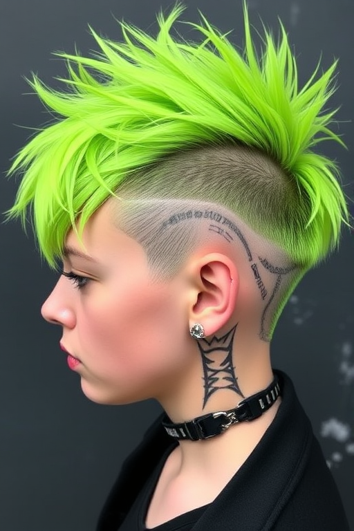 Edgy undercut with long, neon green top layers styled in tousled spikes, featuring shaved patterns on the sides in the rebellious "Cyber Punk" haircut