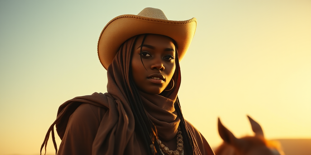 Dramatic photo of a beautiful Nubian woman, classic cowboy attire, confident and free spirit expression, half-length portrait, centered, golden hour desert landscape, warm, diffused light, low angle, medium format film camera, in style of Annie Leibovitz.