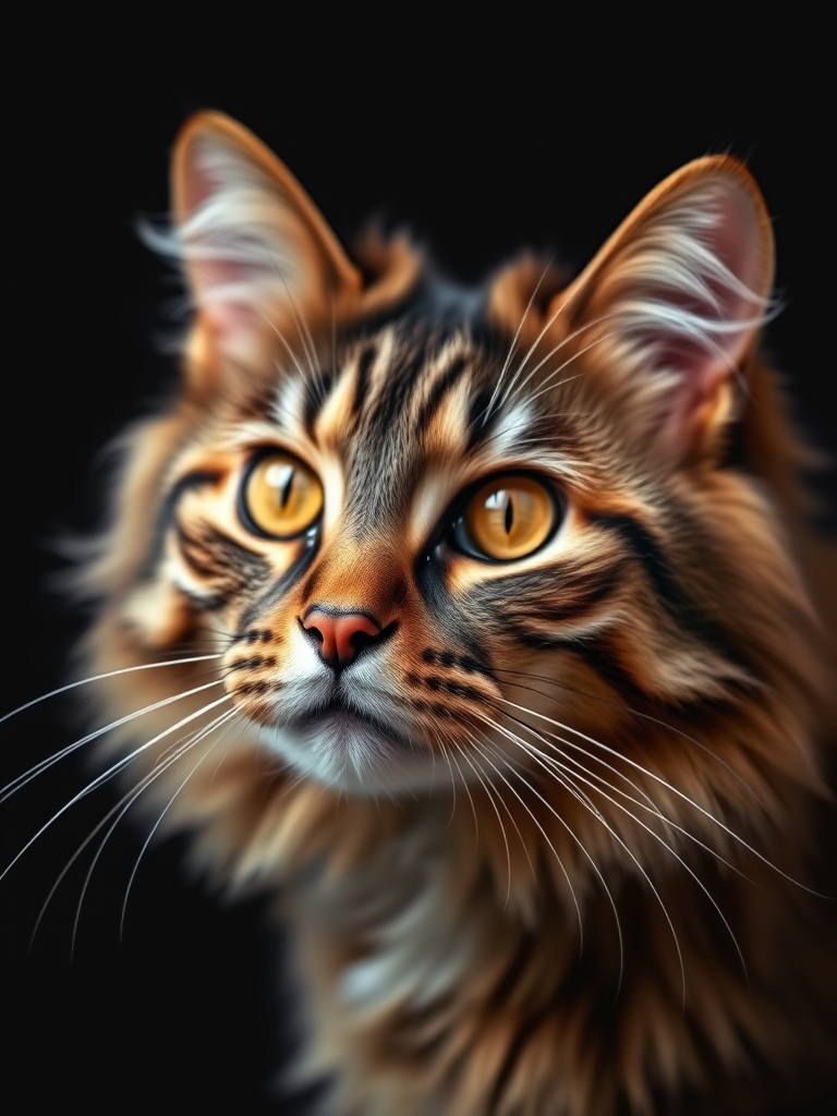Capture a close-up of a Maine Coon cat with striking orange eyes against a dark background, using a DSLR camera with a 50mm lens, aperture f/1.8, ISO 200, and soft natural lighting to enhance details and avoid harsh shadows.