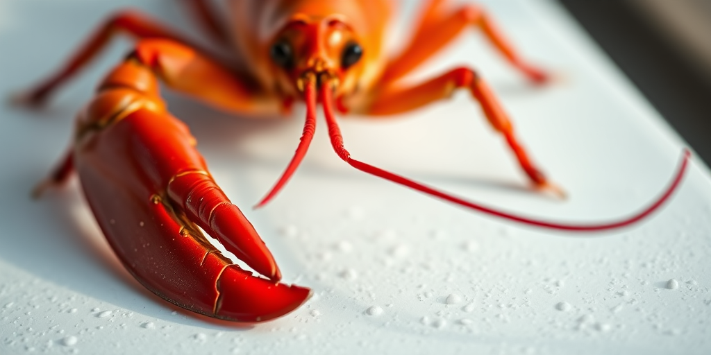Close-up of a vibrant red lobster on a white surface, shot with a Canon EOS R5, 85mm f/1.2 lens, aperture f/2.8, shutter speed 1/160, ISO 100, natural lighting, focus on texture and detail, shallow depth of field.