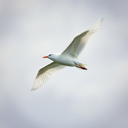 a close-up shot of a white bird in mid-flight against a soft, cloudy background, with a focal length of 200mm, aperture set to f/4, ISO 100, using a DSLR camera in natural light to enhance clarity and detail
