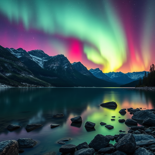 Capture a breathtaking scene of the aurora borealis over a serene lake with majestic mountains in the background, using a Canon EOS R5 with a 24mm f/1.4 lens, aperture set to f/2.8, ISO 800, shutter speed 10 seconds, in a long exposure style from a low angle to accentuate reflections and vibrant colors in the sky.