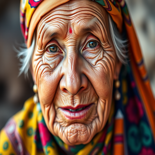Generate a close-up portrait of an elderly woman wearing traditional colorful attire and a vibrant headscarf, with detailed texture and vibrant colors, using a DSLR camera with a 50mm lens, aperture set to f/2.8 for shallow depth of field, ISO 200 for minimal noise, and natural lighting to enhance facial features and expressions.