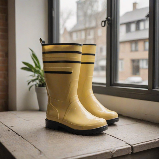 Generate an image of a pair of stylish, yellowish-beige rubber boots with a relaxed fit, featuring a thick black sole and a yellow stripe along the base. The boots should be placed next to a window, showcasing a modern and clean aesthetic.