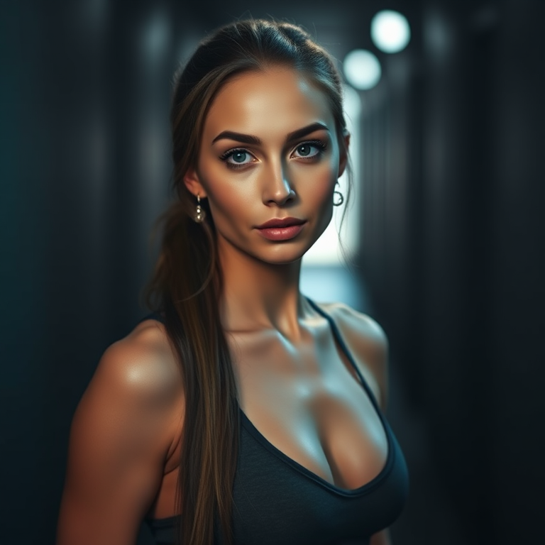 portrait of a fit woman in a dark corridor with dramatic lighting, f/1.8 aperture, 50mm lens, ISO 200, shallow depth of field, soft focus background, studio lighting style, mirrorless camera