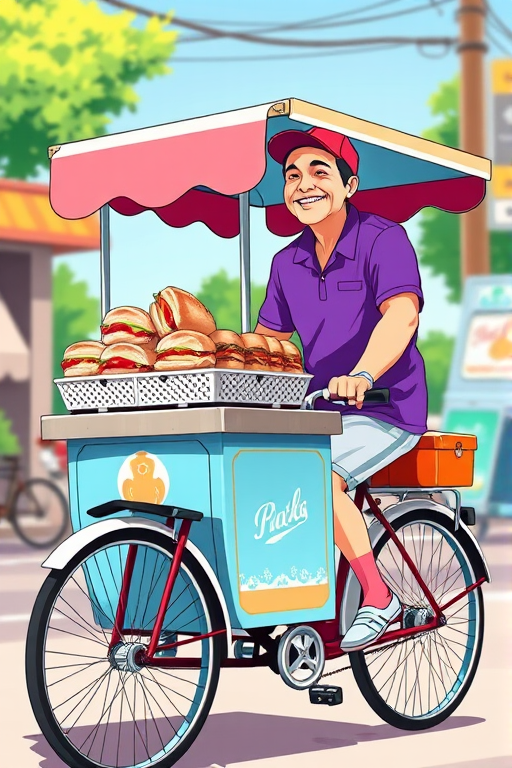 Create a vibrant and colorful illustration of a food cart on a bicycle, focusing on a smiling vendor wearing a purple shirt and cap, with an assortment of sandwiches and pastries displayed prominently, captured in high-resolution with a 50mm lens at f/2.8, with natural light to enhance the colors and details, using a digital art style.