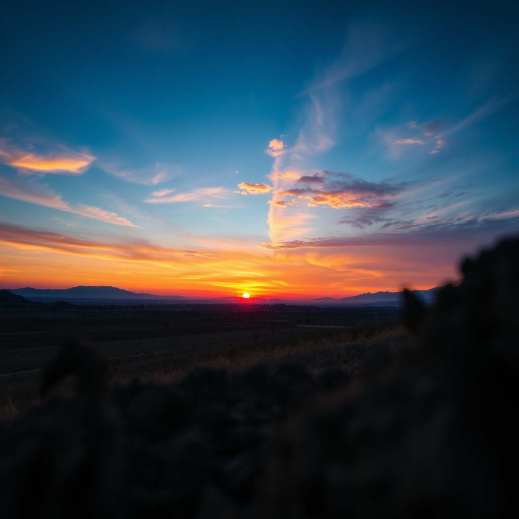 Generate an image of a landscape at sunset with vibrant colors, using a Canon EOS 5D Mark IV, 50mm lens at f/1.8, ISO 100, shutter speed 1/200s, in HDR mode for enhanced details, shot from a low perspective to capture foreground elements.