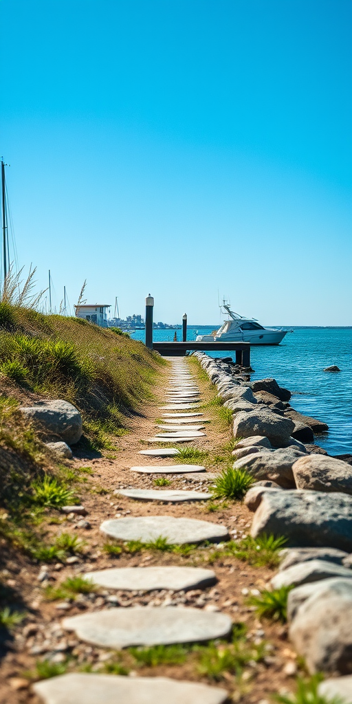 Generate an image of a waterfront scene featuring a path lined with rocks and plants, a boat docked in the distance, under a clear blue sky; use a wide-angle lens at f/8 for depth of field, ISO 100, and a shutter speed of 1/250 sec, shot with a DSLR camera from a low angle to enhance foreground details.