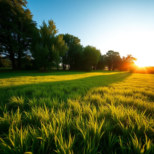 Generate a high-resolution image of a peaceful landscape featuring a lush green meadow under a clear blue sky during golden hour, captured with a Canon EOS R5 using a 50mm lens, aperture set to f/1.8, shutter speed 1/200s, ISO 200, landscape orientation.
