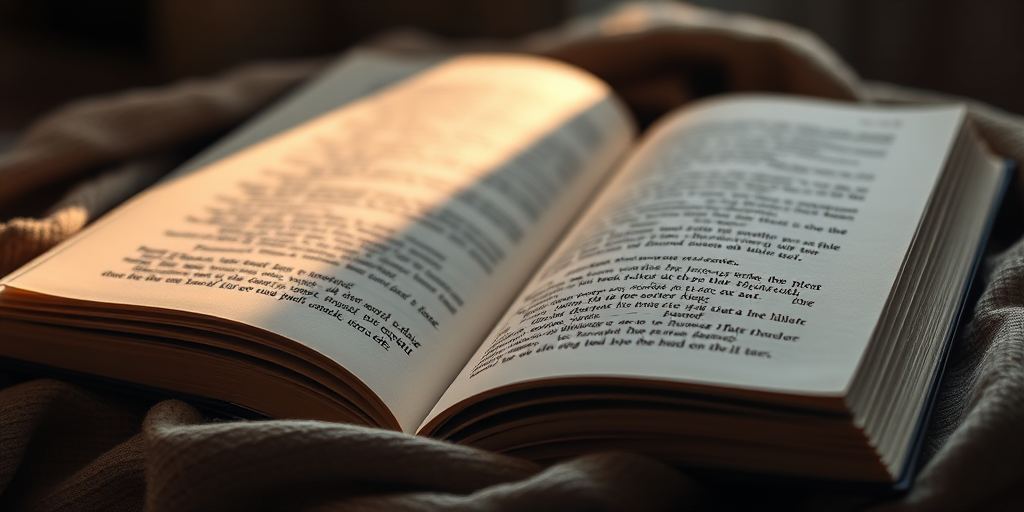 Capture a close-up shot of open books with visible text, soft diffused lighting from above, shallow depth of field, ISO 100, f/2.8 aperture, 50mm lens, DSLR camera, warm tones, with a textured fabric draped around the books, creating an atmospheric and inviting reading nook.