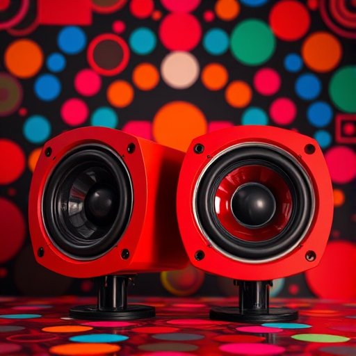 Generate an abstract design featuring large red and black speakers against a backdrop of colorful circular patterns, with a focus on depth and vibrancy, captured with a DSLR camera at f/8 aperture, ISO 100, 50mm lens, shot from a slightly elevated angle for dynamic perspective.