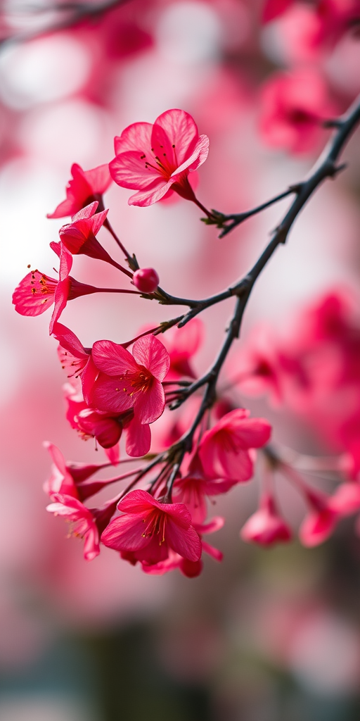 regenerate an image of a flowering cherry blossom branch with vibrant red flowers and dark branches against a soft, blurred background, using a DSLR camera with a 50mm lens, aperture f/2.8, ISO 200, and a shallow depth of field for enhanced detail and richness in colors.