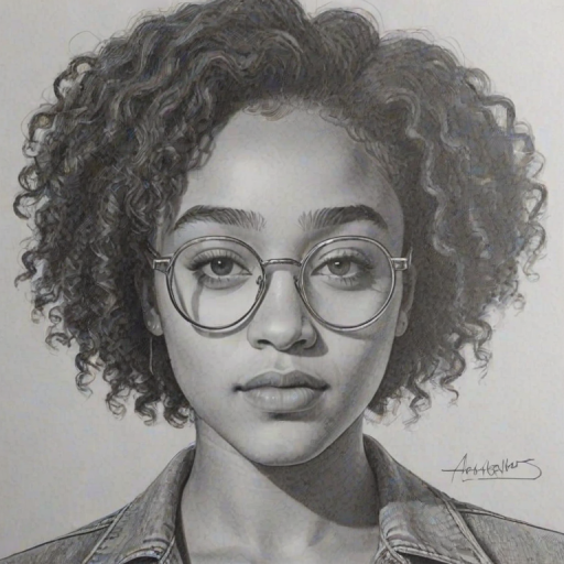 Radiant Amandla Stenberg, pencil sketch, portrait of Charming woman 1972s in glasses, hair style beatnik, outline, clear lines, fine lines, 8k