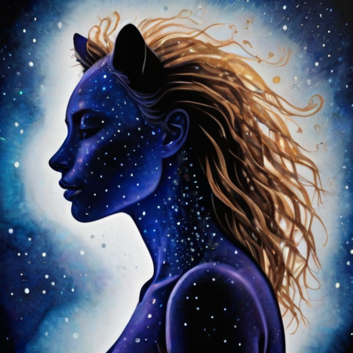 Captivating conceptual render alcohol ink art, double exposure, the paint strokes artfully merge combining a woman's full silhouette with a Sprightly serval's silhouette. The figures are composed of a series of colored dots, lines & spots that evoke the image of a cosmic galaxy, colors are deep shades of blue purple & black with flashes of white & silver representing distant stars. The woman's silhouette is formed within the lion's silhouette from constellations of scattered stars, surreal