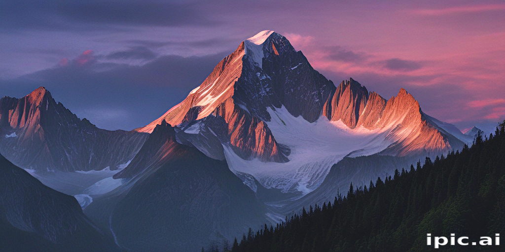 Majestic Mountain Peak Bathed in Sunset Glow Against a Dramatic Sky
