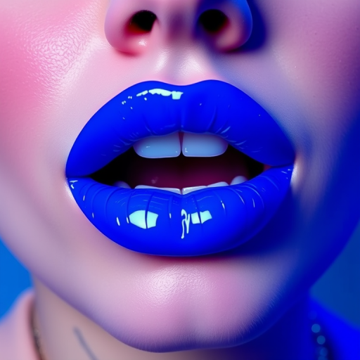 Electric blue lips named "Neon Pulse" boast a vivid, eye-catching hue with a vinyl finish, perfect for futuristic and cyberpunk-inspired fashion statements