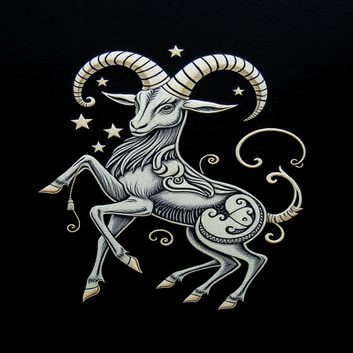 Create an intricate illustration of a Capricorn symbol featuring a detailed goat with starry elements and swirling designs, set against a dark background, captured with a DSLR camera at f/8, ISO 100, 50mm lens, in a macro style to enhance the fine details and textures.
