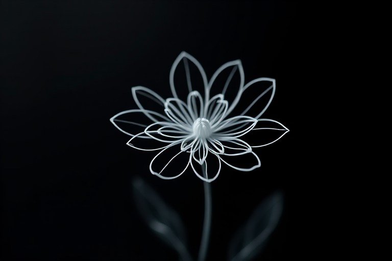 create a minimalist floral illustration on a dark background with white line art, soft focus, macro view, high dynamic range, DSLR camera, f/2.8 aperture, 50mm lens, ISO 100, 1/200s shutter speed