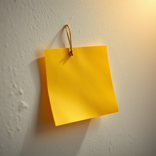 yellow paper note pinned to a wall, natural lighting, macro lens, aperture f/2.8, ISO 100, 50mm lens, high resolution