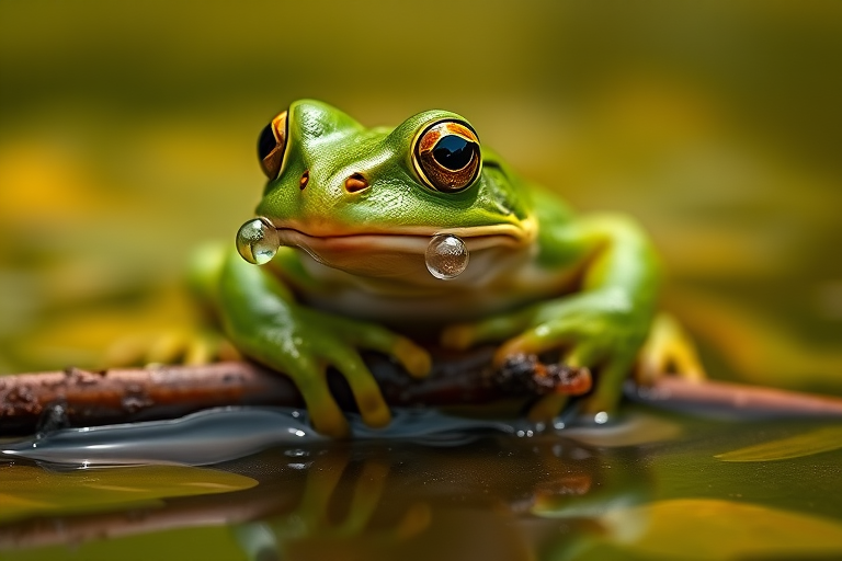 A close-up shot of a green frog with bubbles on its cheeks, perched on a stick in a shallow pond, captured with a DSLR camera at f/2.8, ISO 400, 1/250 sec, in natural light, with a macro lens to enhance details and shallow depth of field for a blurred background.